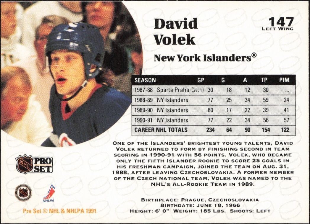 1991-92 Pro Set David Volek #147 hockey trading card back