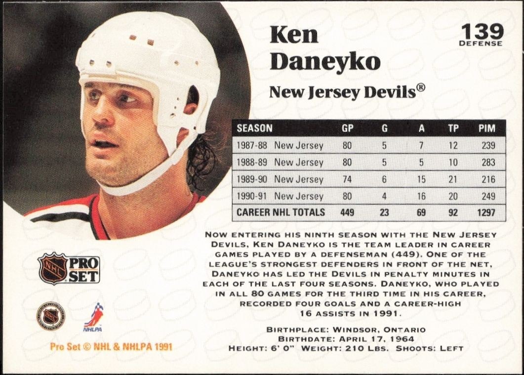 1991-92 Pro Set Ken Daneyko #139 hockey trading card back
