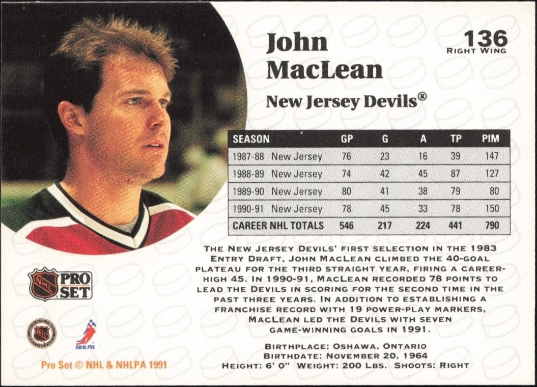 1991-92 Pro Set John MacLean #136 hockey trading card back