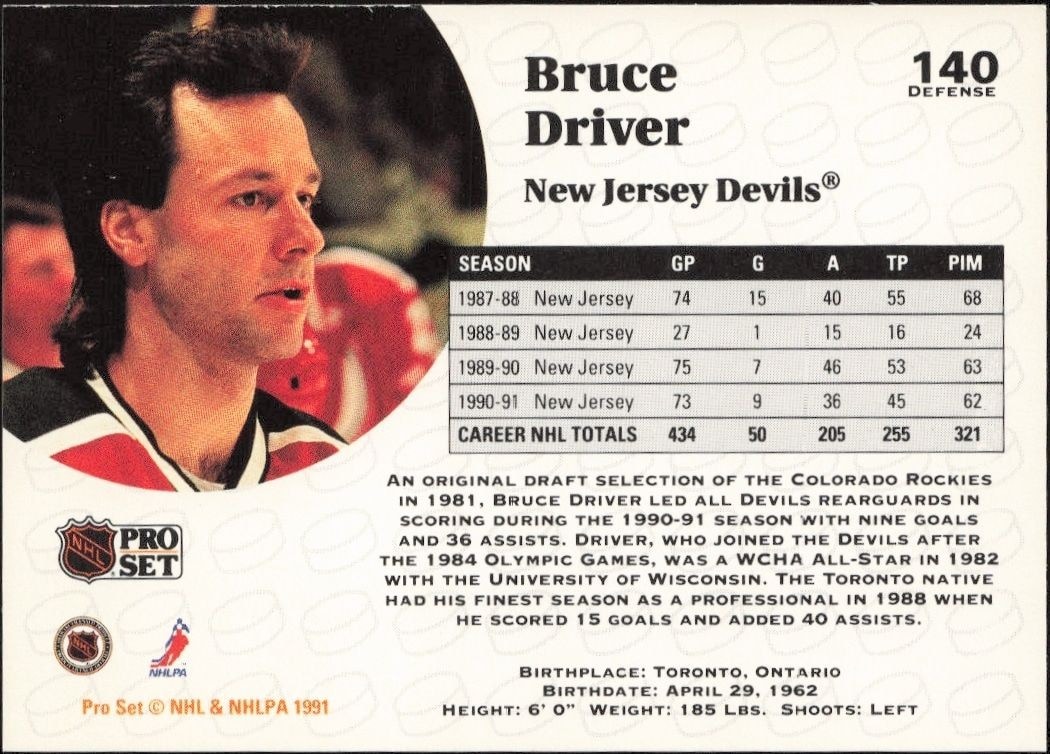 1991-92 Pro Set Bruce Driver #140 hockey trading card back