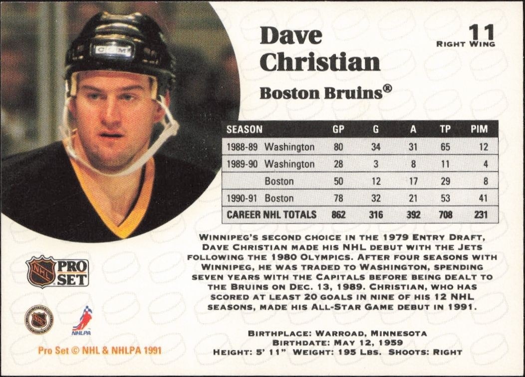 1991-92 Pro Set Dave Christian #11 hockey trading card back