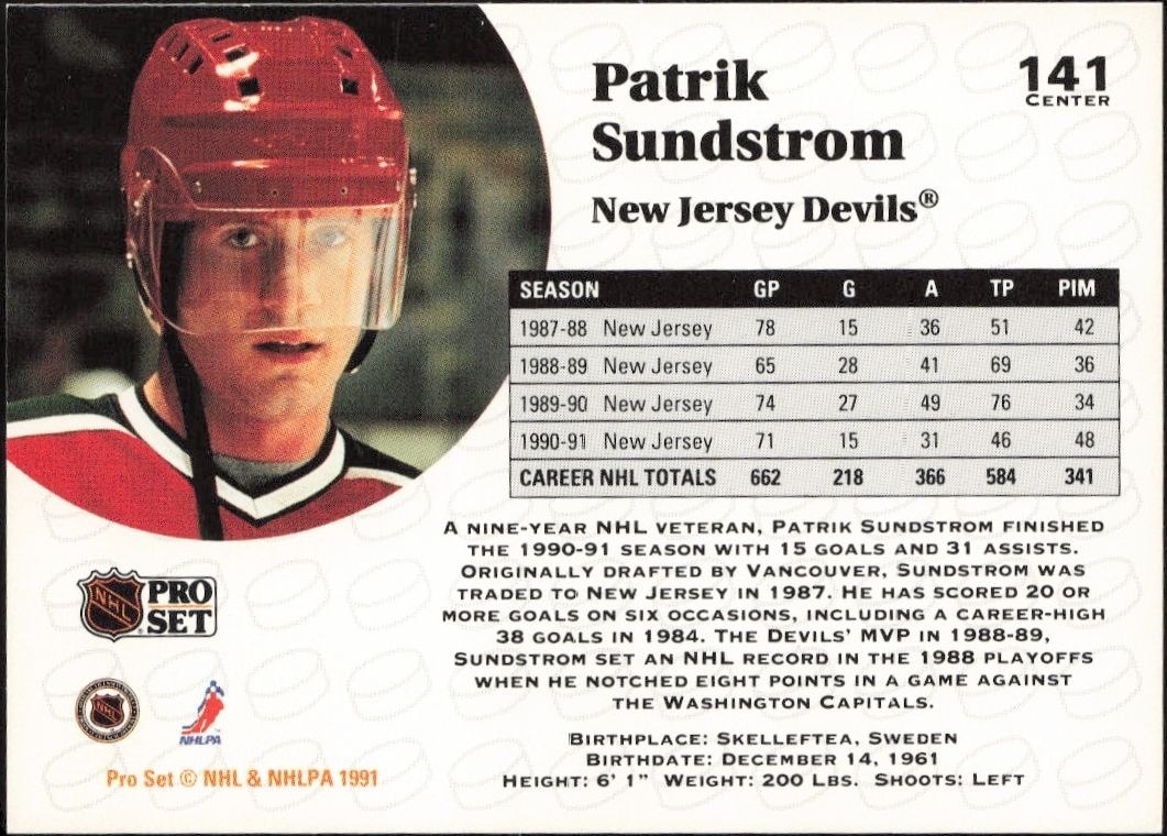 1991-92 Pro Set Patrik Sundstrom #141 hockey trading card back