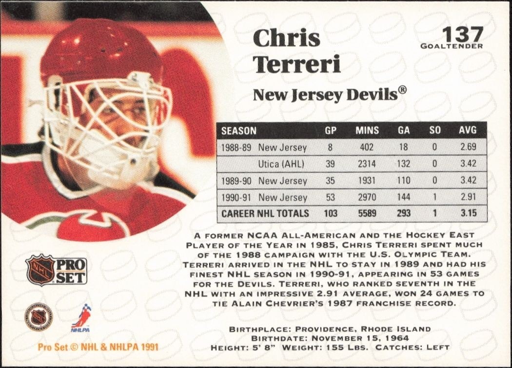 1991-92 Pro Set Chris Terreri #137 hockey trading card back