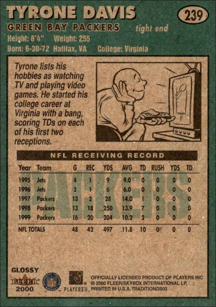 2000 Fleer Tradition Glossy Tyrone Davis #239 football trading card back