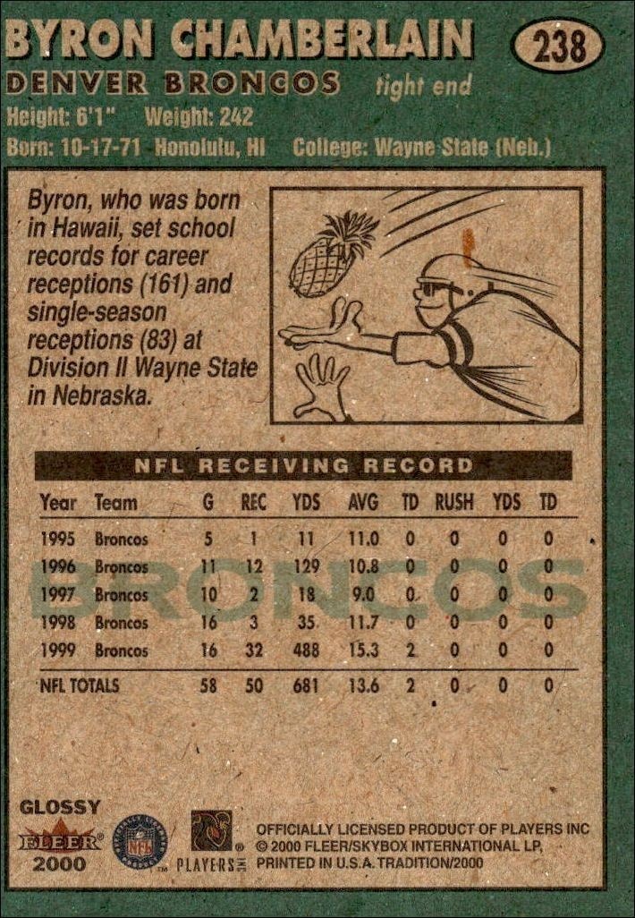 2000 Fleer Tradition Glossy Byron Chamberlain #238 football trading card back