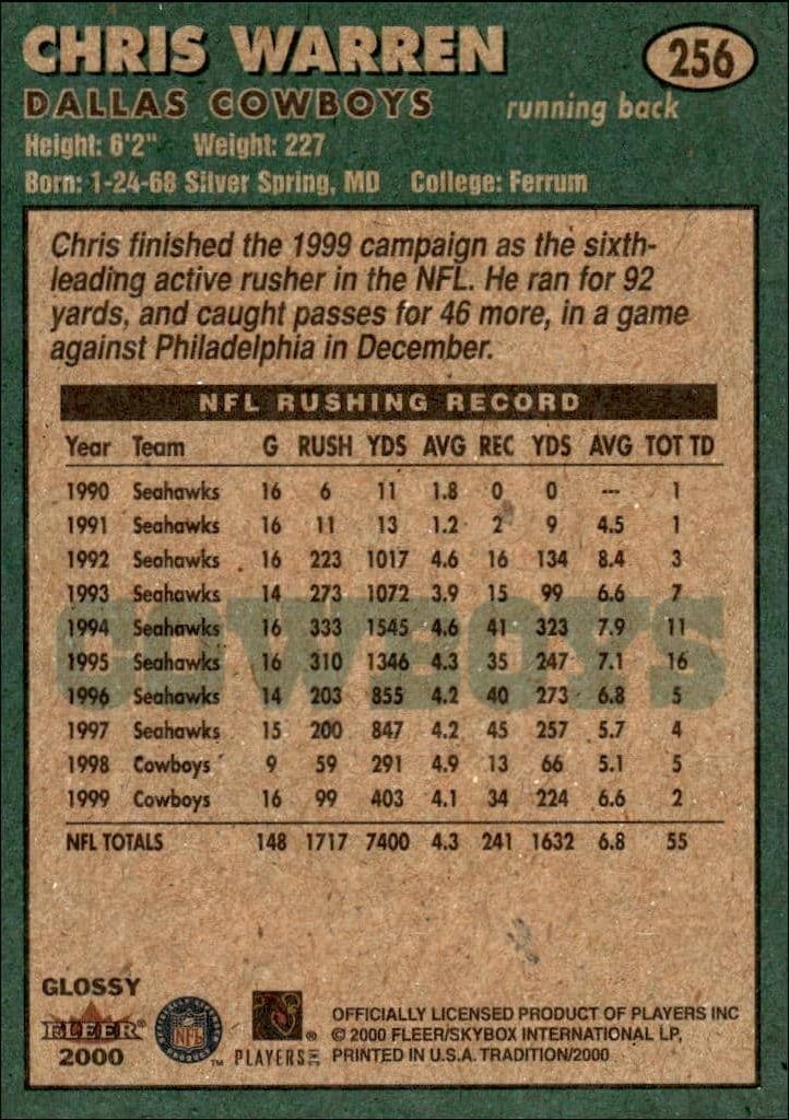 2000 Fleer Tradition Glossy Chris Warren #256 football trading card back