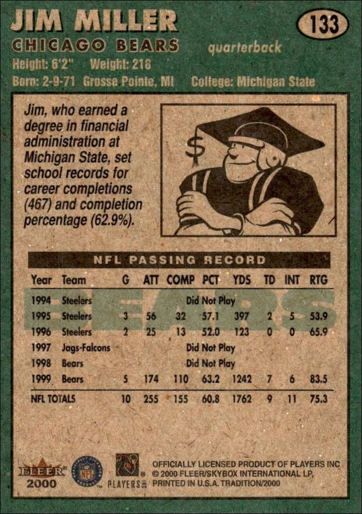 2000 Fleer Tradition Glossy Jim Miller #133 football trading card back