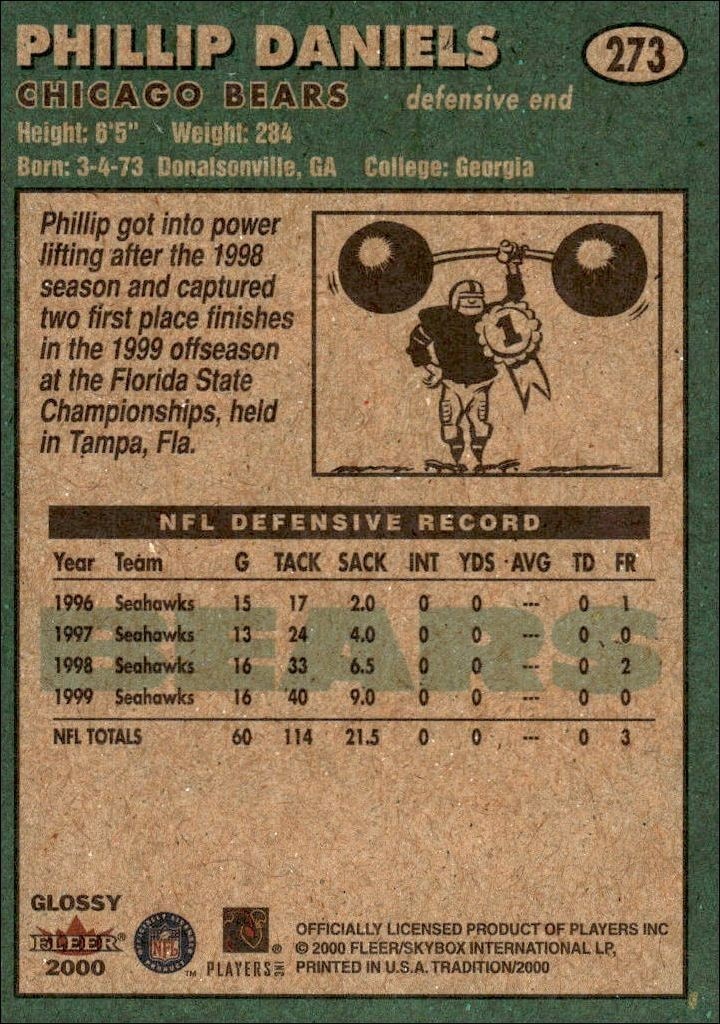 2000 Fleer Tradition Glossy Phillip Daniels #273 football trading card back