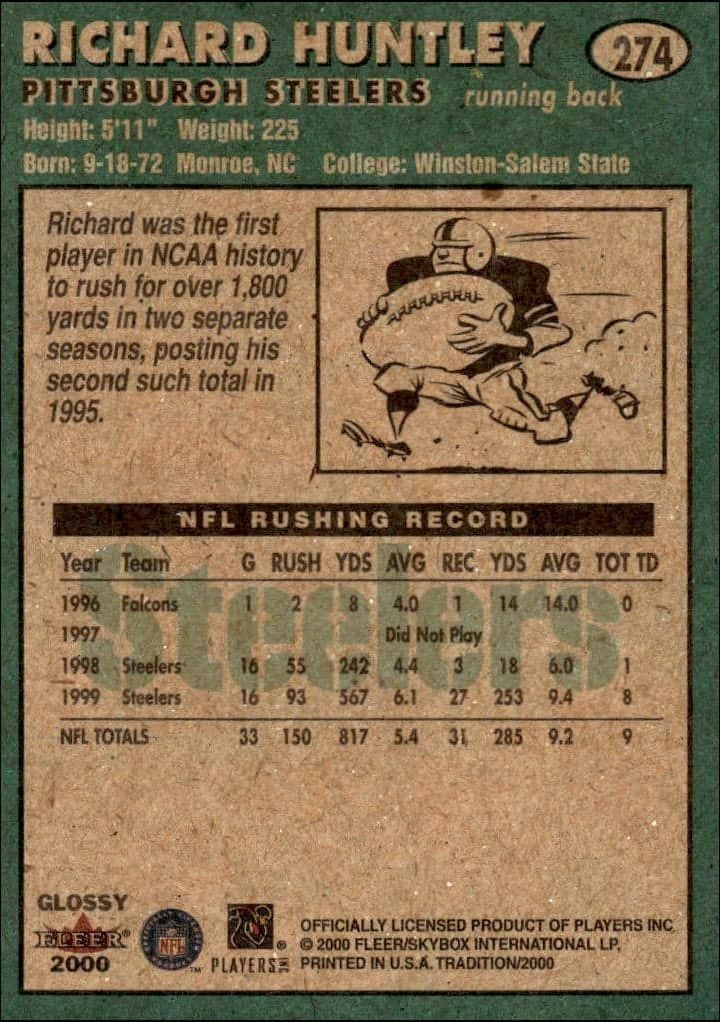 2000 Fleer Tradition Glossy Richard Huntley #274 football trading card back