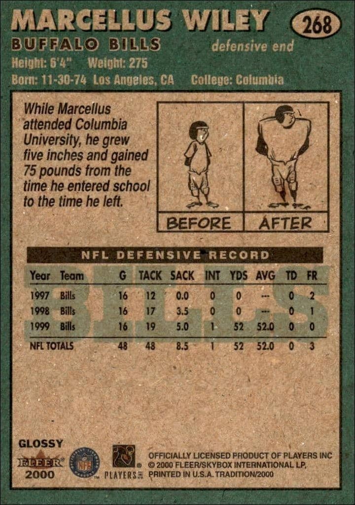 2000 Fleer Tradition Glossy Marcellus Wiley #268 football trading card back