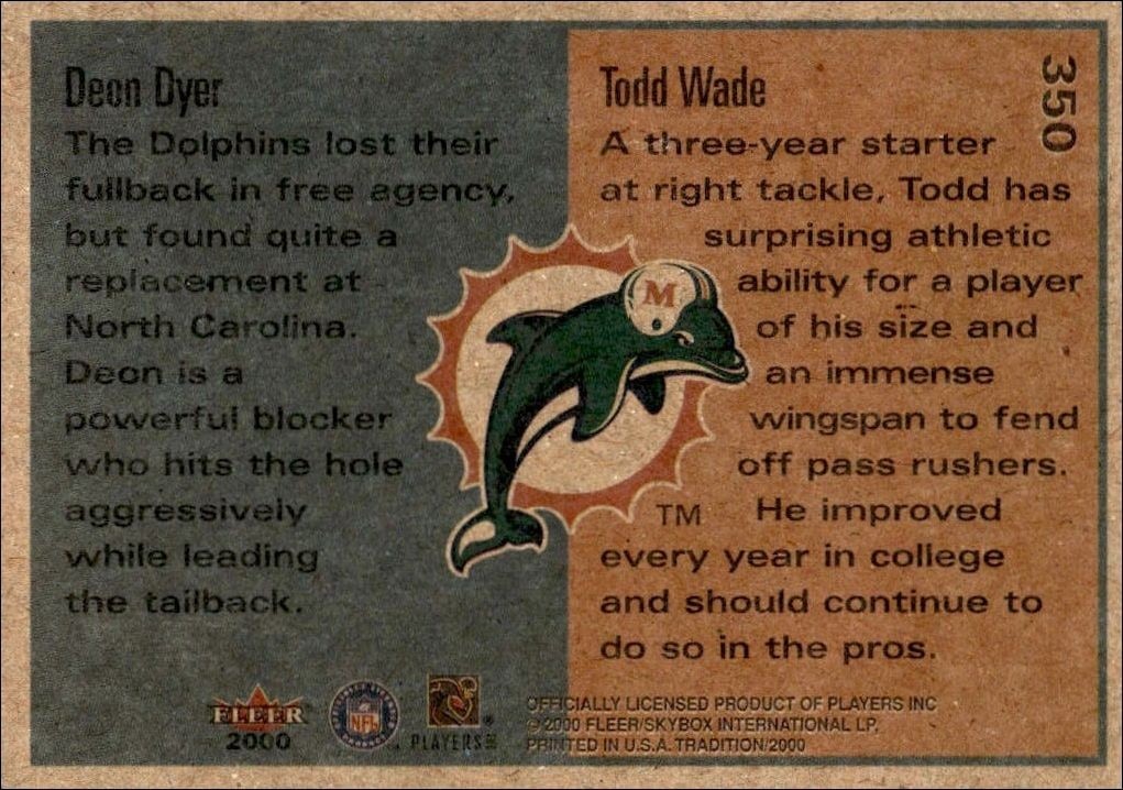 2000 Fleer Tradition Glossy Deon Dyer #350 football trading card back