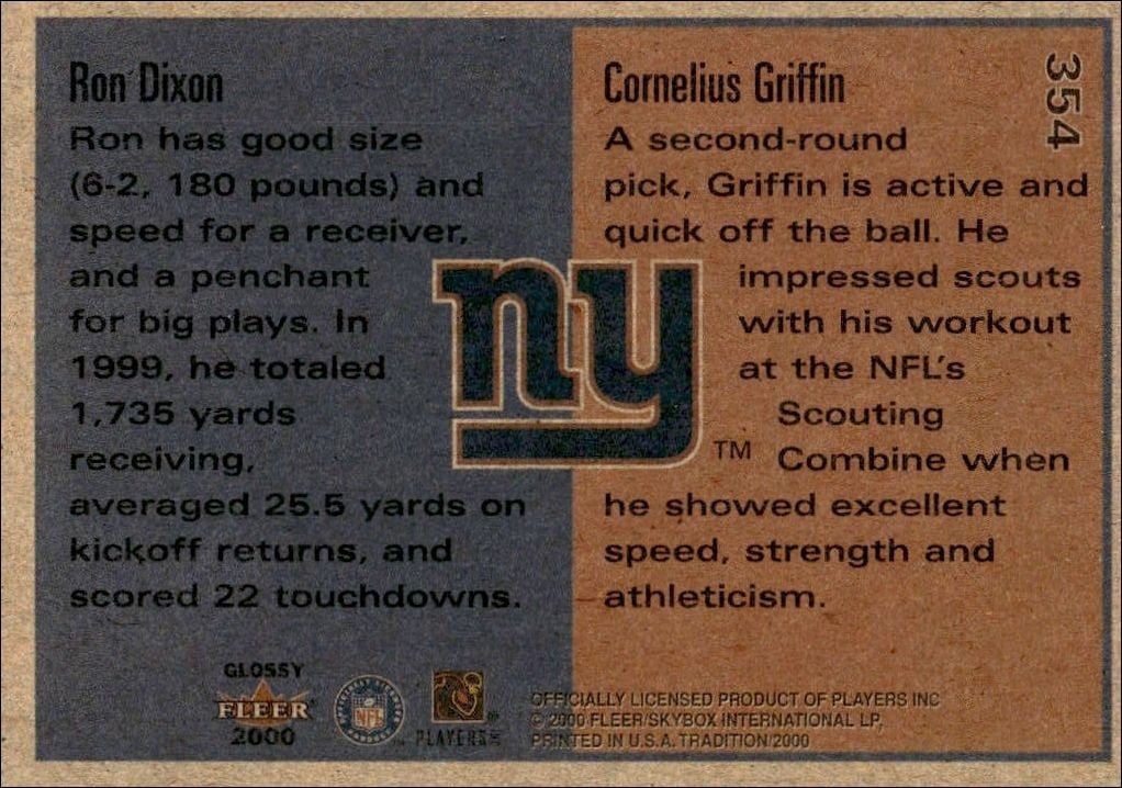 2000 Fleer Tradition Glossy Cornelius Griffin #354 football trading card back