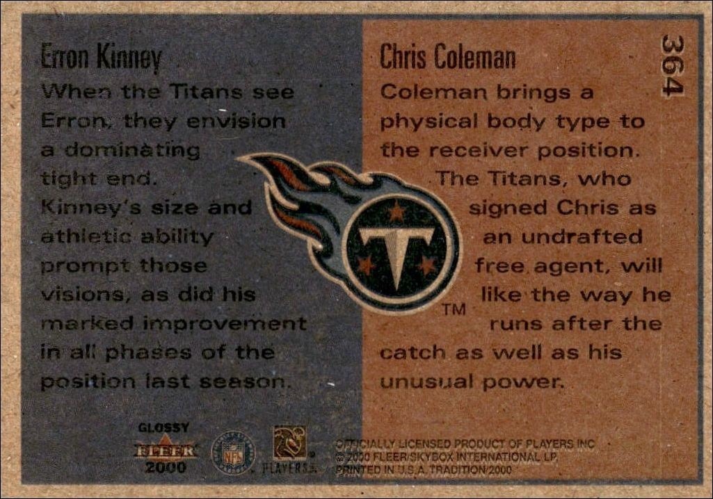 2000 Fleer Tradition Glossy Erron Kinney #364 football trading card back