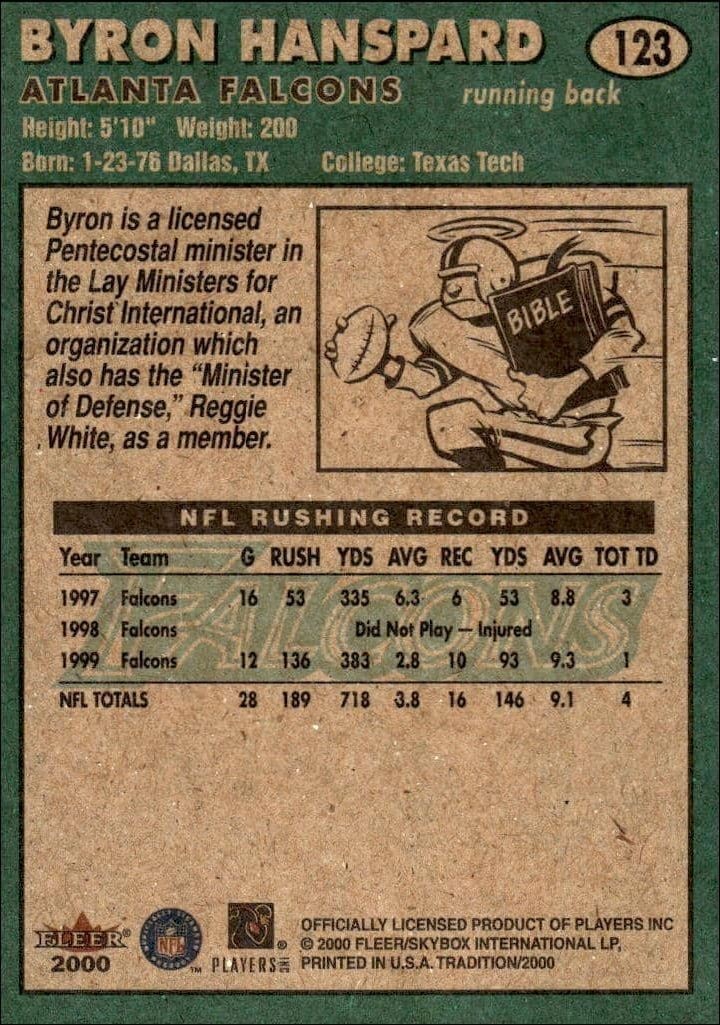 2000 Fleer Tradition Glossy Byron Hanspard #123 football trading card back
