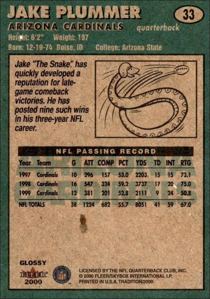 2000 Fleer Tradition Glossy Jake Plummer #33 football trading card back