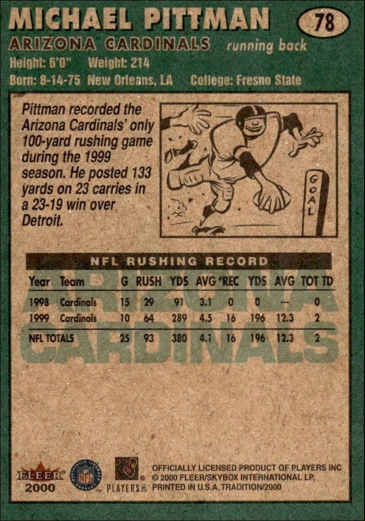 2000 Fleer Tradition Glossy Michael Pittman #78 football trading card back