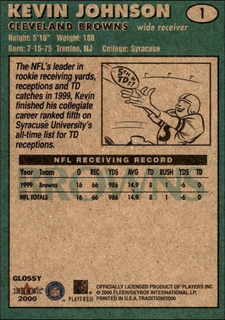 2000 Fleer Tradition Glossy Kevin Johnson #1 football trading card back