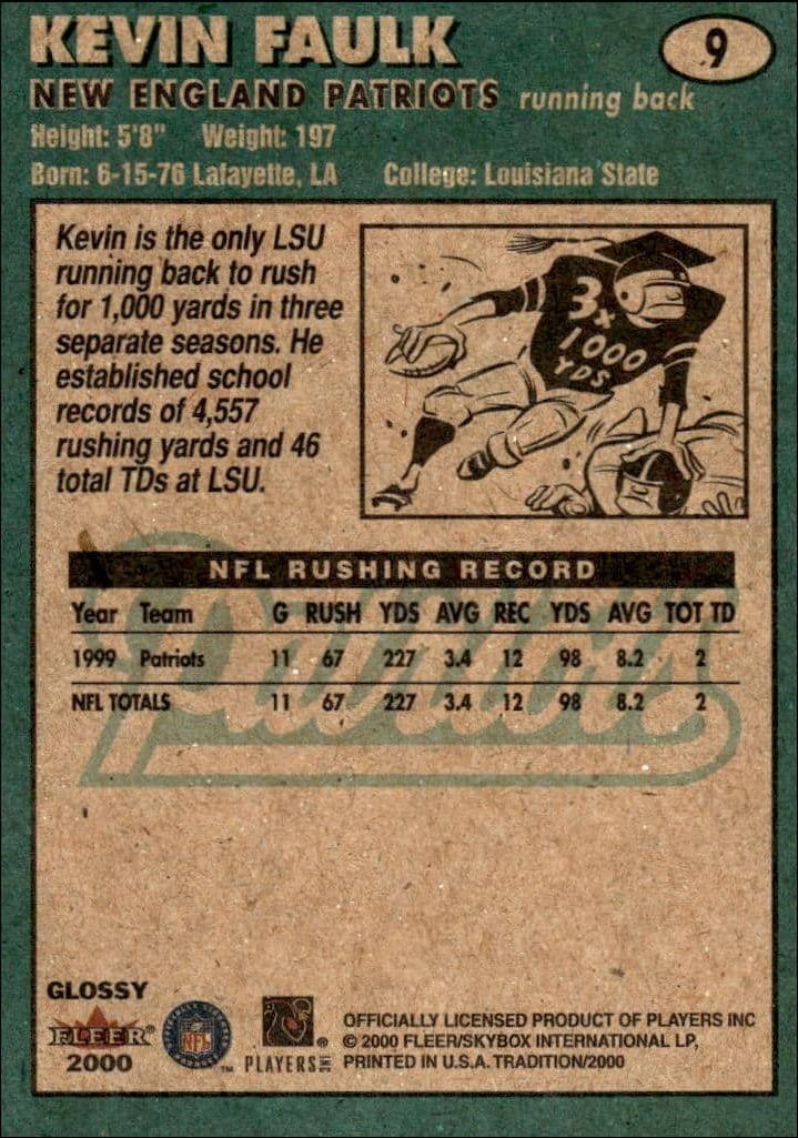 2000 Fleer Tradition Glossy Kevin Faulk #9 football trading card back