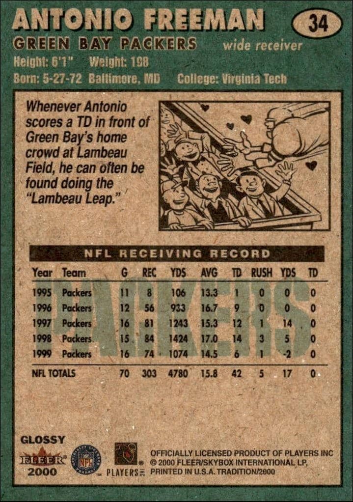 2000 Fleer Tradition Glossy Antonio Freeman #34 football trading card back