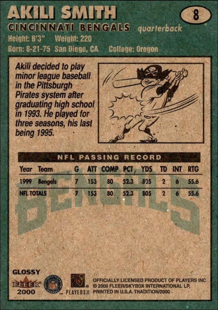 2000 Fleer Tradition Glossy Akili Smith #8 football trading card back