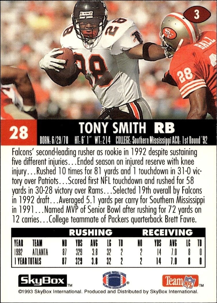 1993 Skybox Impact Tony Smith #3 football trading card back