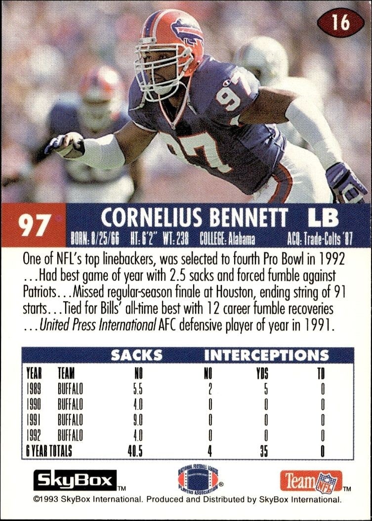 1993 Skybox Impact Cornelius Bennett #16 football trading card back