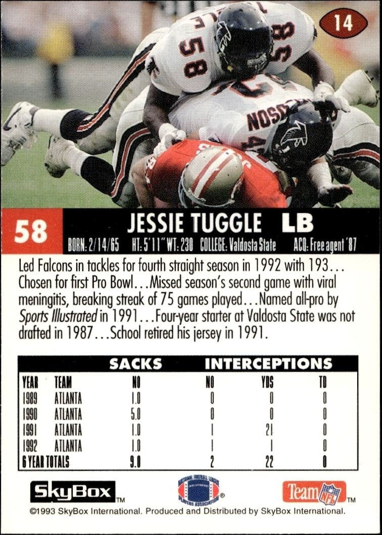 1993 Skybox Impact Jessie Tuggle #14 football trading card back