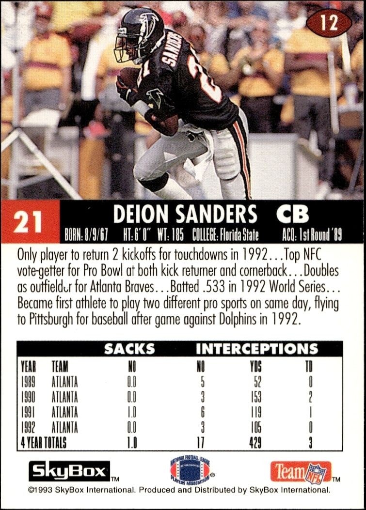 1993 Skybox Impact Deion Sanders #12 football trading card back
