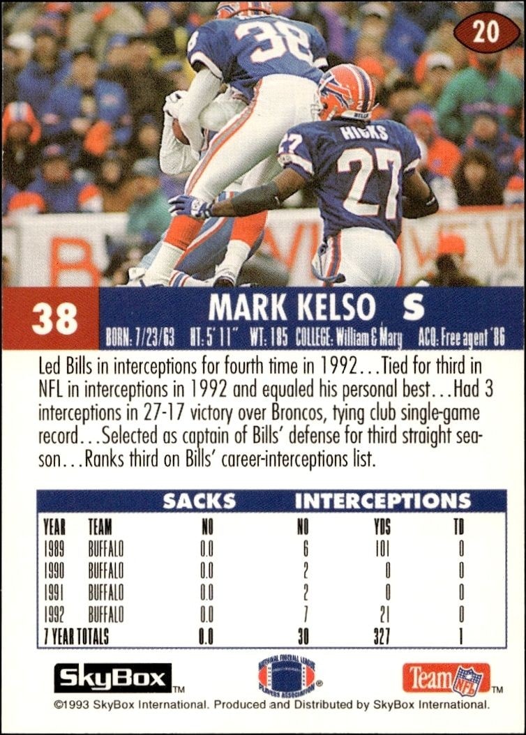 1993 Skybox Impact Mark Kelso #20 football trading card back