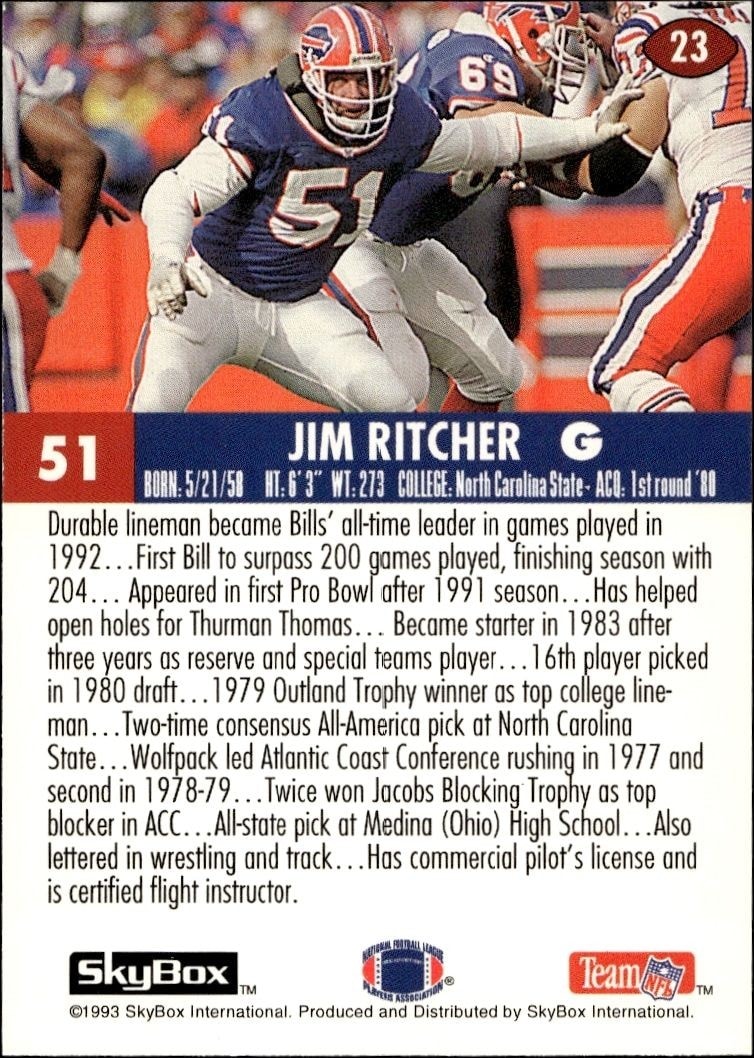 1993 Skybox Impact Jim Ritcher #23 football trading card back