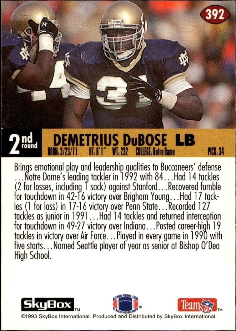 1993 Skybox Impact Demetrius Dubose #392 football trading card back