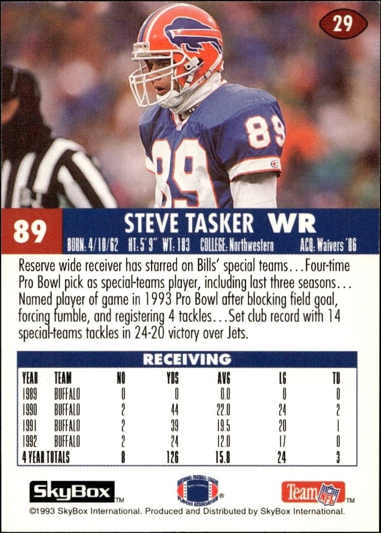 1993 Skybox Impact Steve Tasker #29 football trading card back
