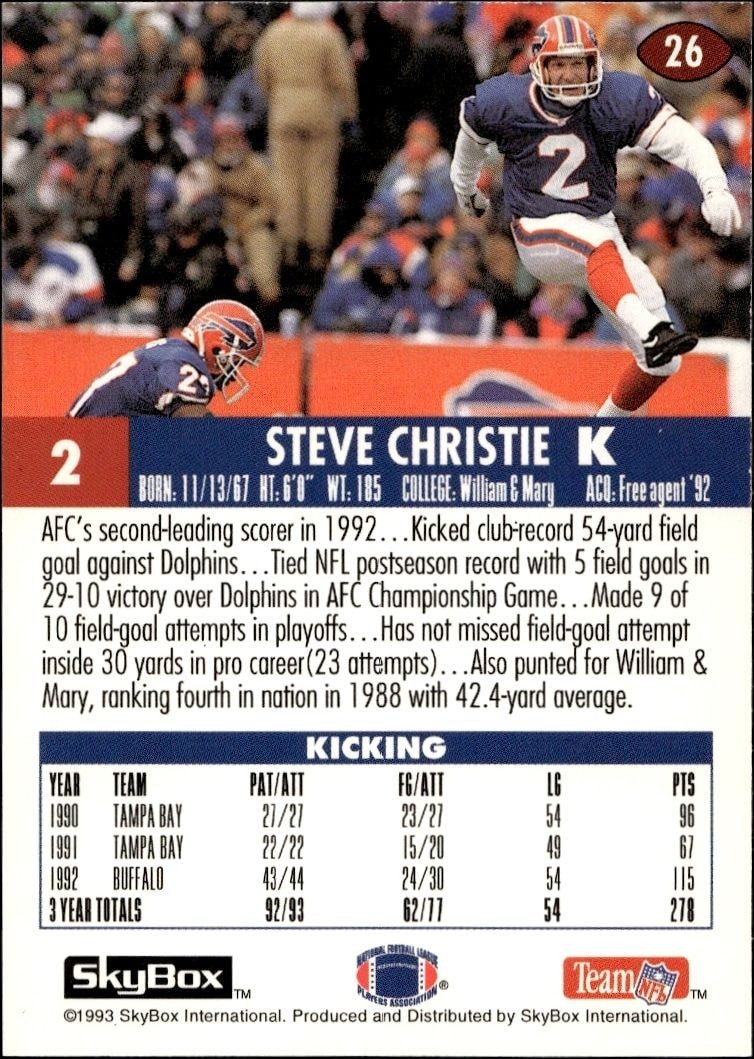 1993 Skybox Impact Steve Christie #26 football trading card back