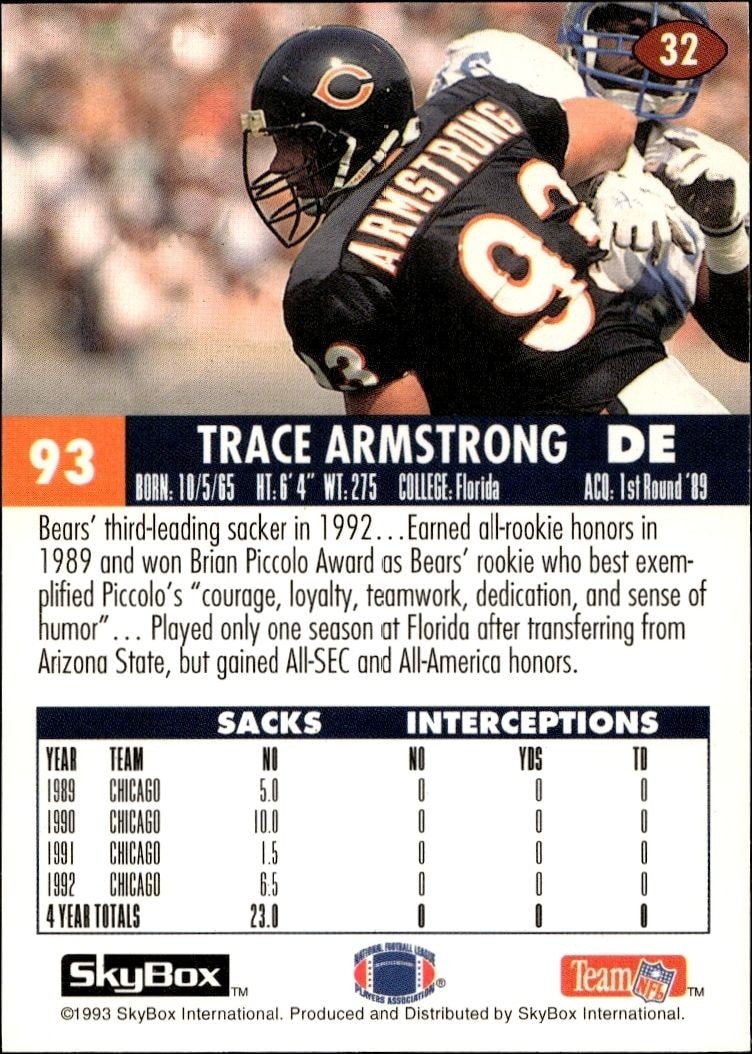 1993 Skybox Impact Trace Armstrong #32 football trading card back