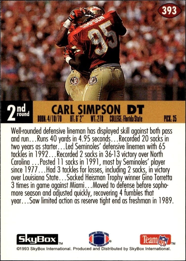 1993 Skybox Impact Carl Simpson #393 football trading card back