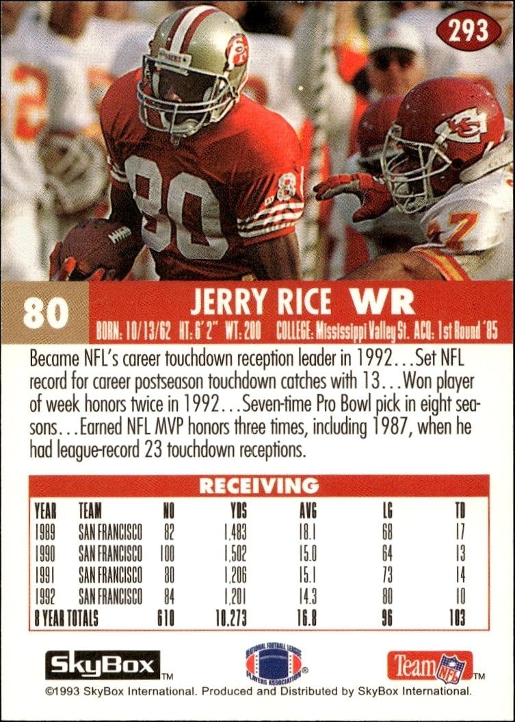 1993 Skybox Impact Jerry Rice #293 football trading card back