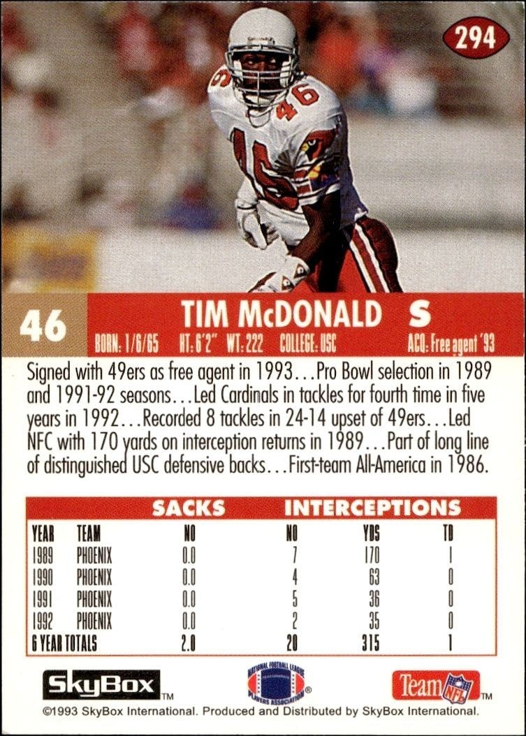 1993 Skybox Impact Tim McDonald #294 football trading card back
