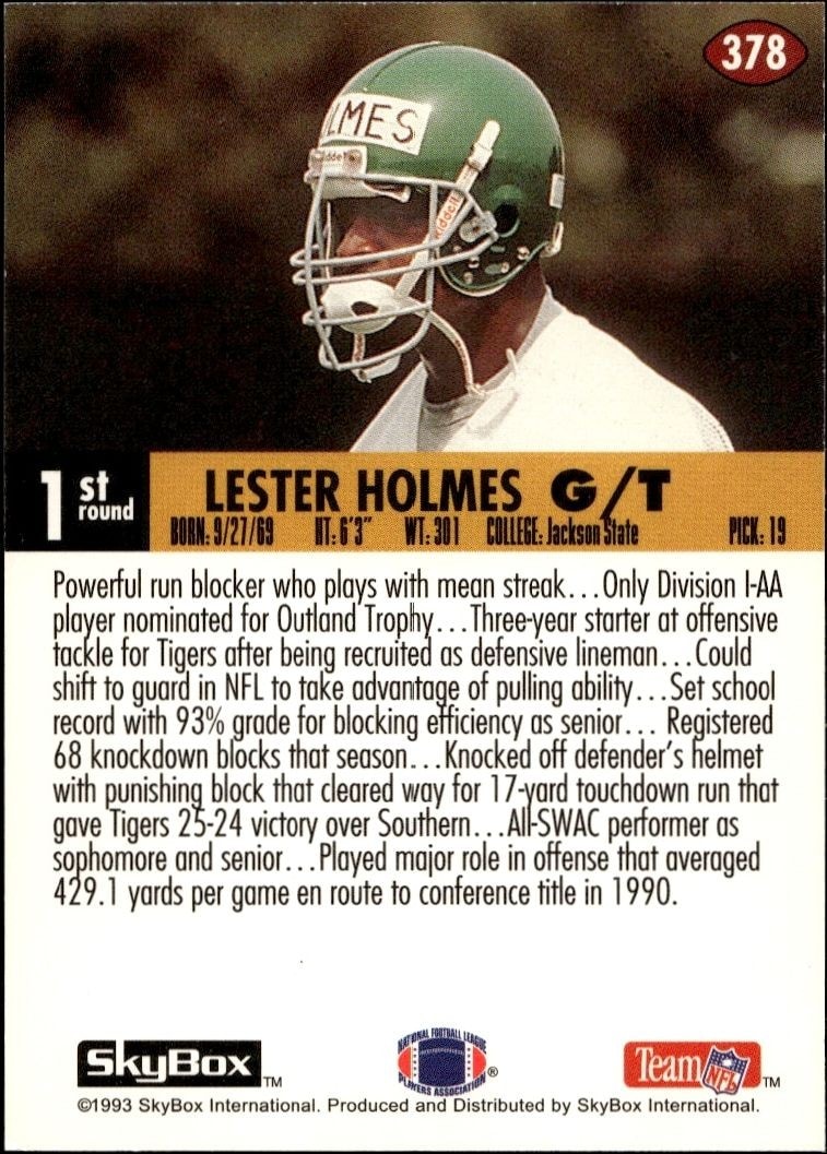 1993 Skybox Impact Lester Holmes #378 football trading card back