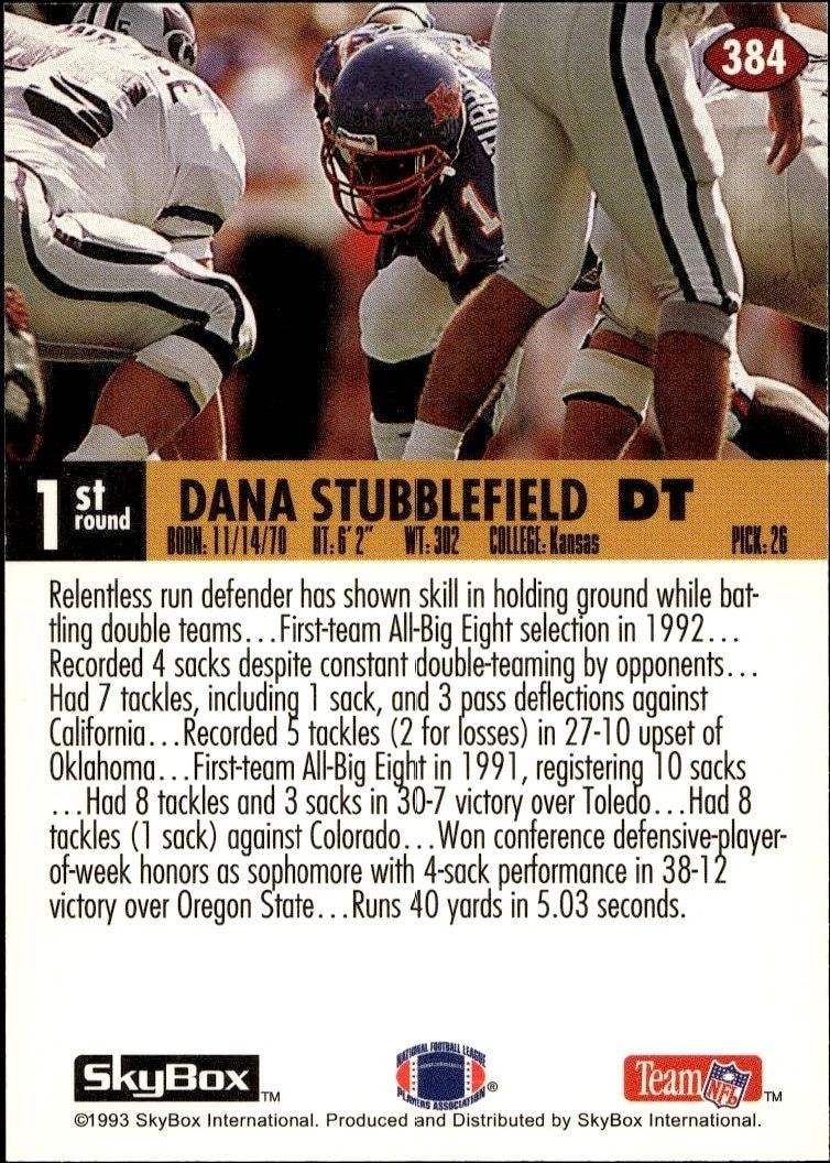 1993 Skybox Impact Dana Stubblefield #384 football trading card back