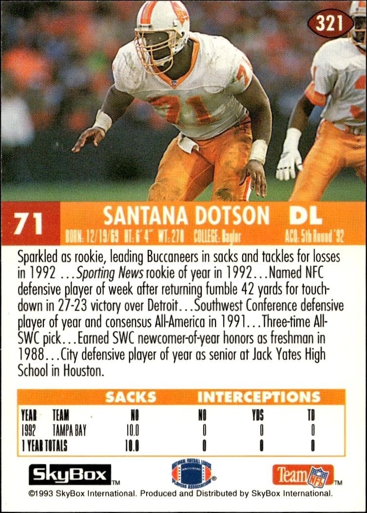 1993 Skybox Impact Santana Dotson #321 football trading card back