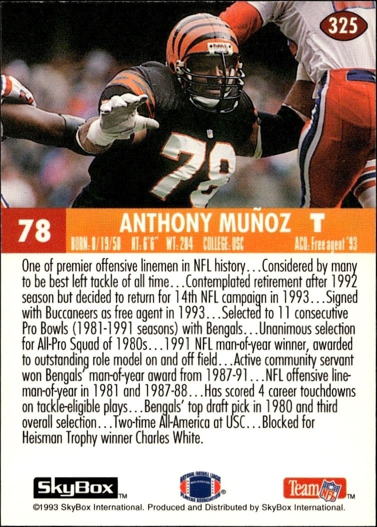 1993 Skybox Impact Anthony Munoz #325 football trading card back