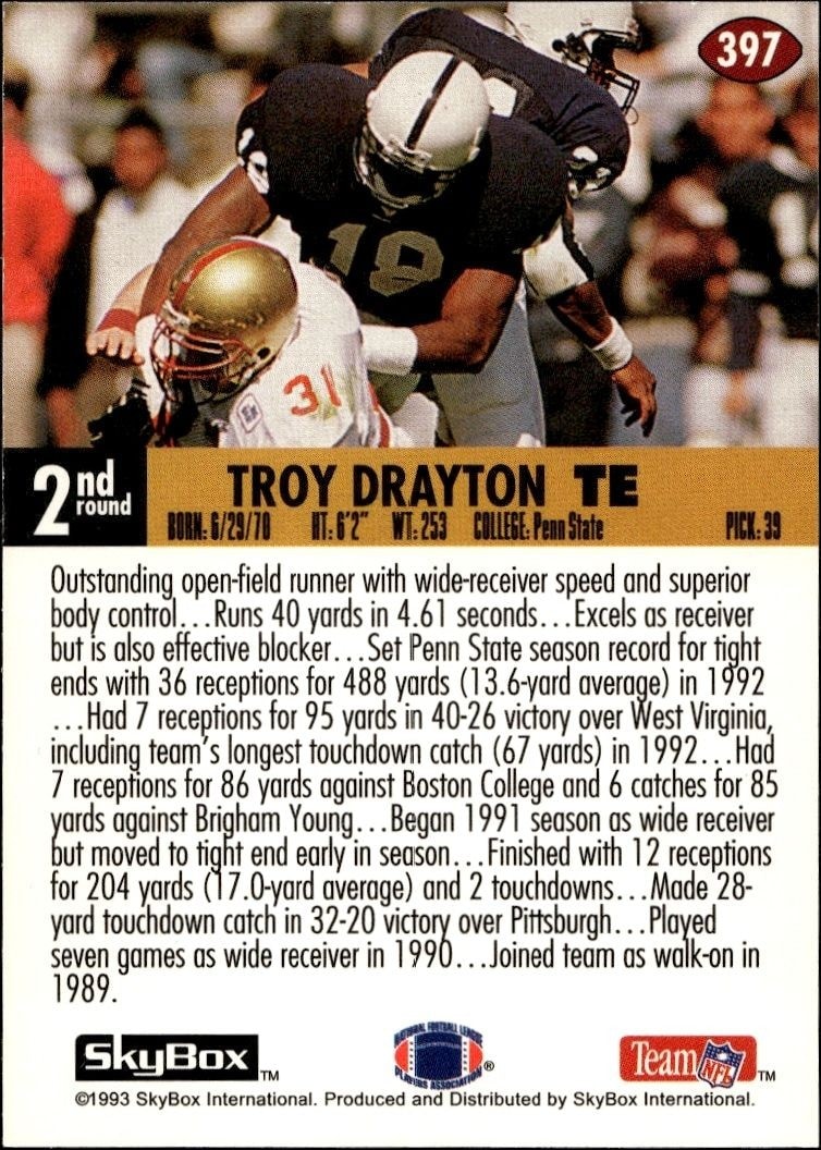 1993 Skybox Impact Troy Drayton #397 football trading card back