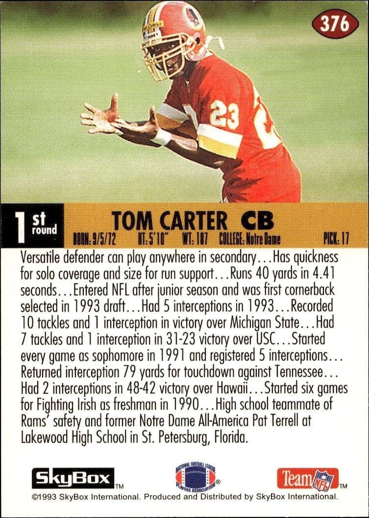 1993 Skybox Impact Tom Carter #376 football trading card back