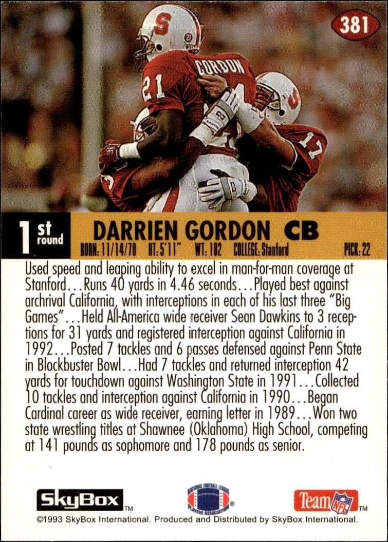 1993 Skybox Impact Darrien Gordon #381 football trading card back