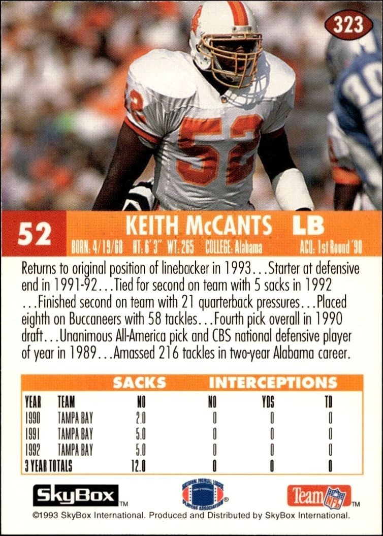 1993 Skybox Impact Keith McCants #323 football trading card back