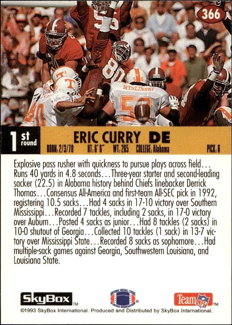 1993 Skybox Impact Eric Curry #366 football trading card back