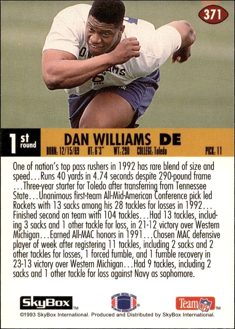 1993 Skybox Impact Dan Williams #371 football trading card back