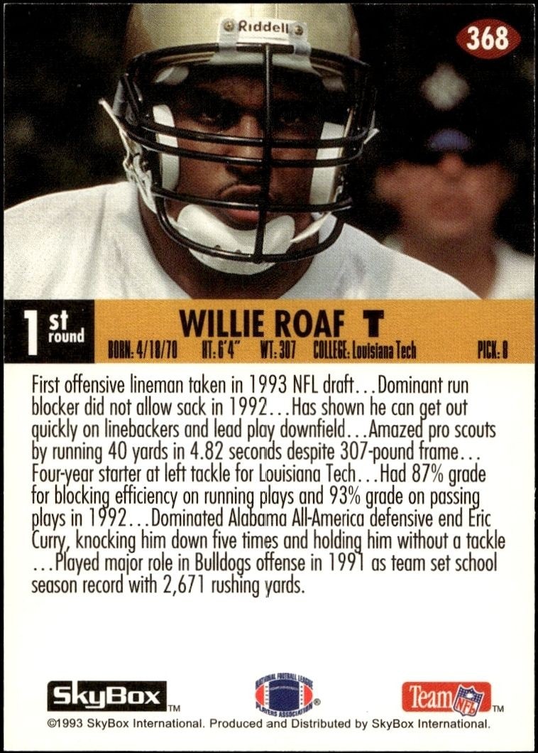 1993 Skybox Impact Willie Roaf #368 football trading card back