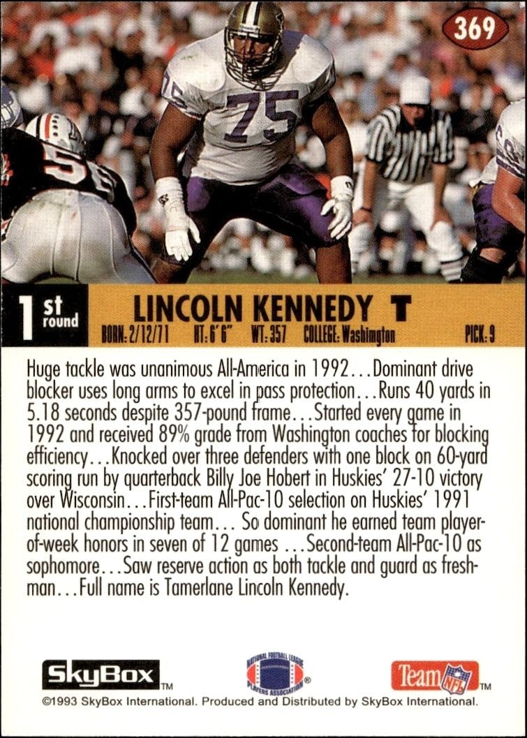 1993 Skybox Impact Lincoln Kennedy #369 football trading card back