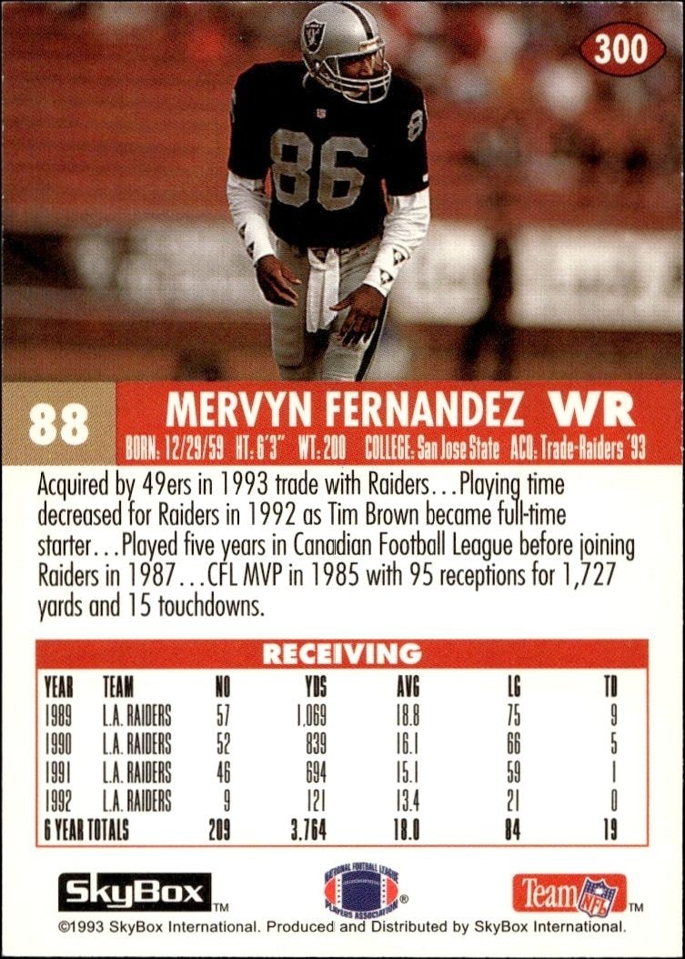 1993 Skybox Impact Mervyn Fernandez #300 football trading card back